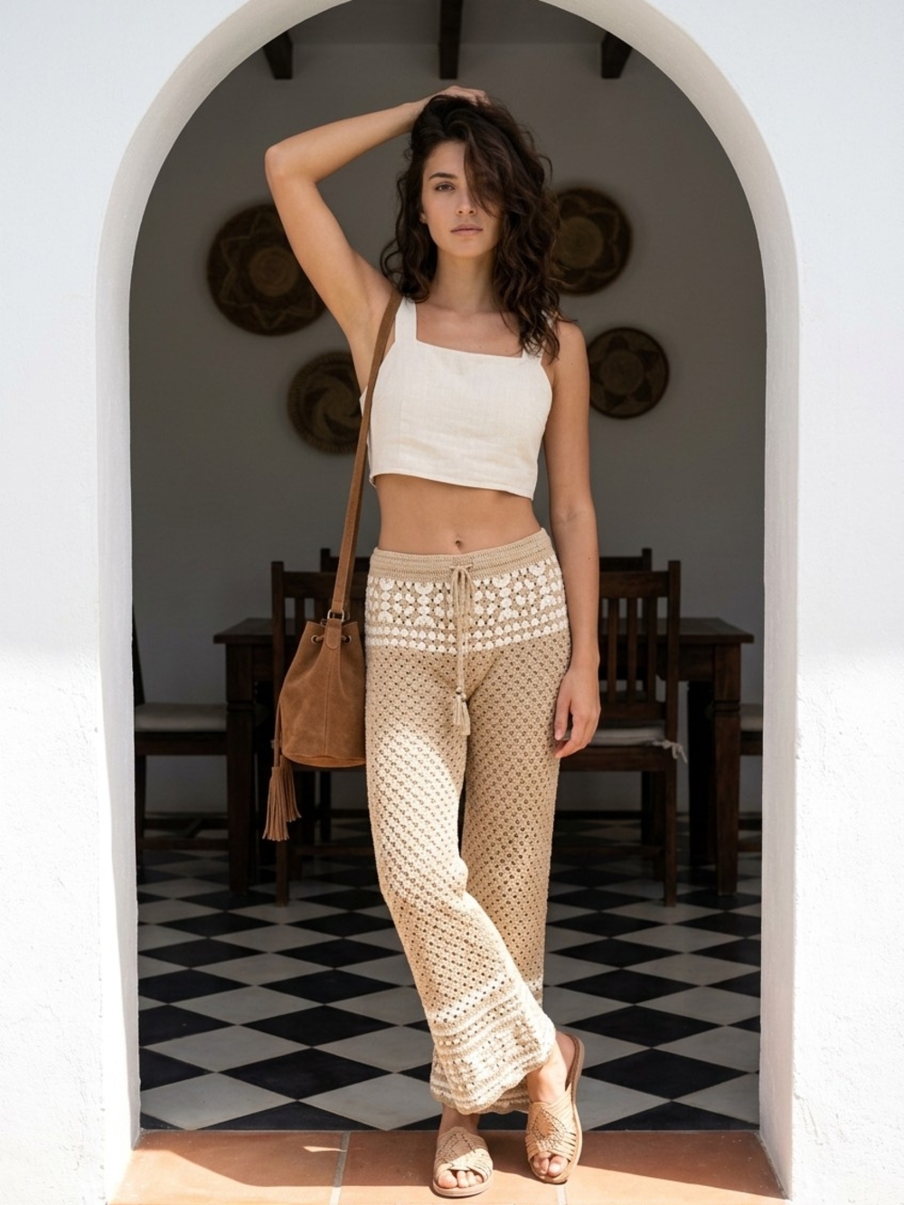 Beige Crochet Drawstring Wide-Leg Pants. Pants Only